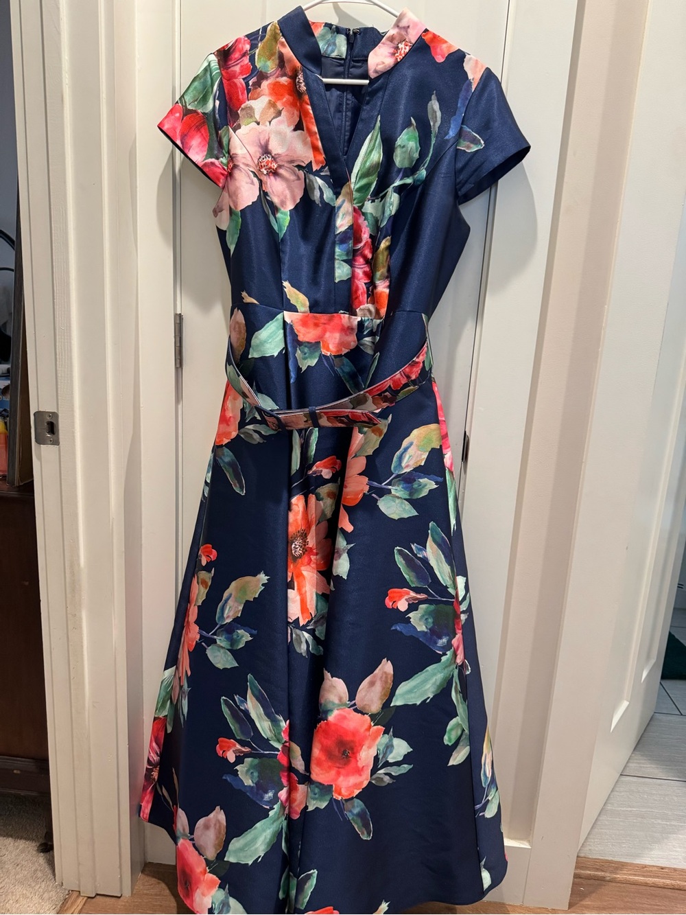 Adrianna Papell Navy Floral Fit-and-Flare Dress with Pink and Green Accents - Picture 5 of 7